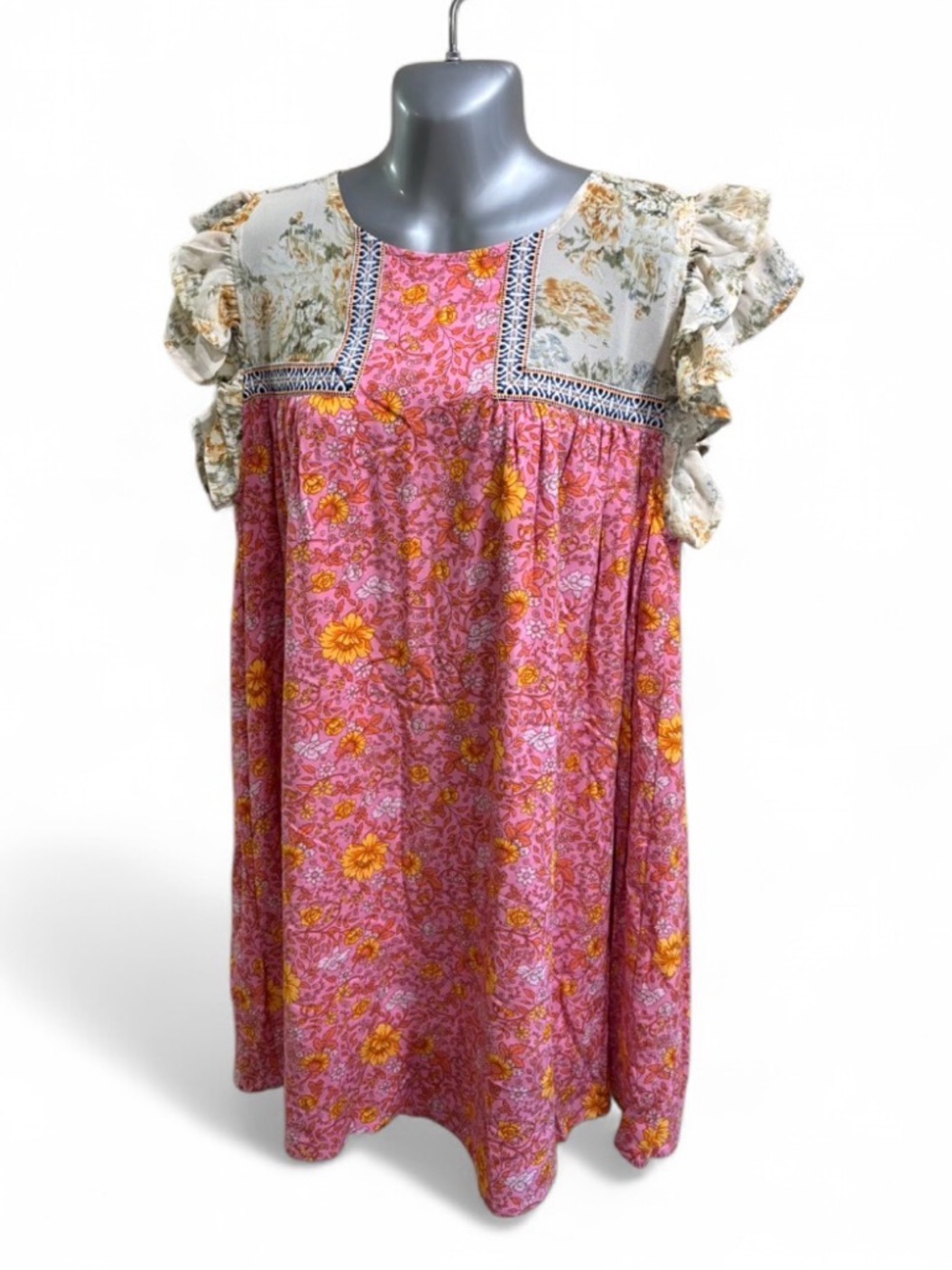 Anthropologie Entro Pink Floral Boho Babydoll Dress with Cream Yoke L